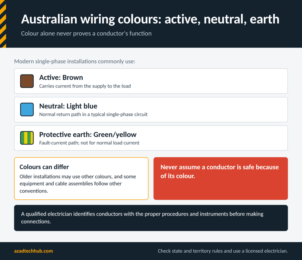 Home Wiring as per AS/NZS 3000: Complete Australian Wiring Guide 9 Australian wiring colours: brown active, light blue neutral and green/yellow protective earth