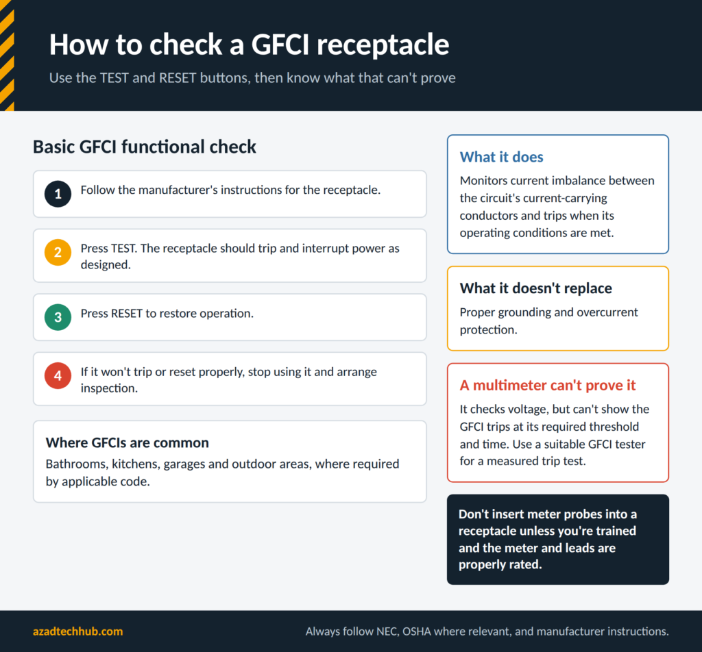 Basic GFCI functional check using the TEST and RESET buttons, with what a multimeter cannot prove