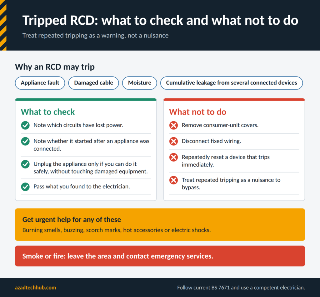 Guide to Home Wiring :What to check and what not to do when an RCD trips repeatedly, with warning signs that need urgent help