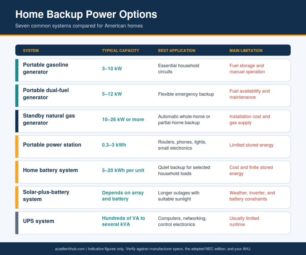 Home Backup Power Guide: Generators & Monitoring (USA) 1 Comparison chart of seven home backup systems, from portable generators to UPS units, showing typical capacity, best application, and main limitation.