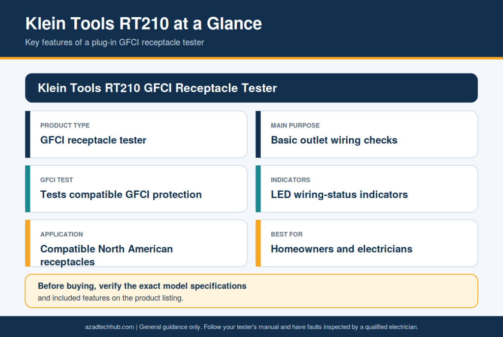 How to Use a GFCI Outlet Tester: Step-by-Step Guide 1 Summary card of the Klein Tools RT210 GFCI receptacle tester showing product type, purpose, GFCI test, indicators, application, and best use.
