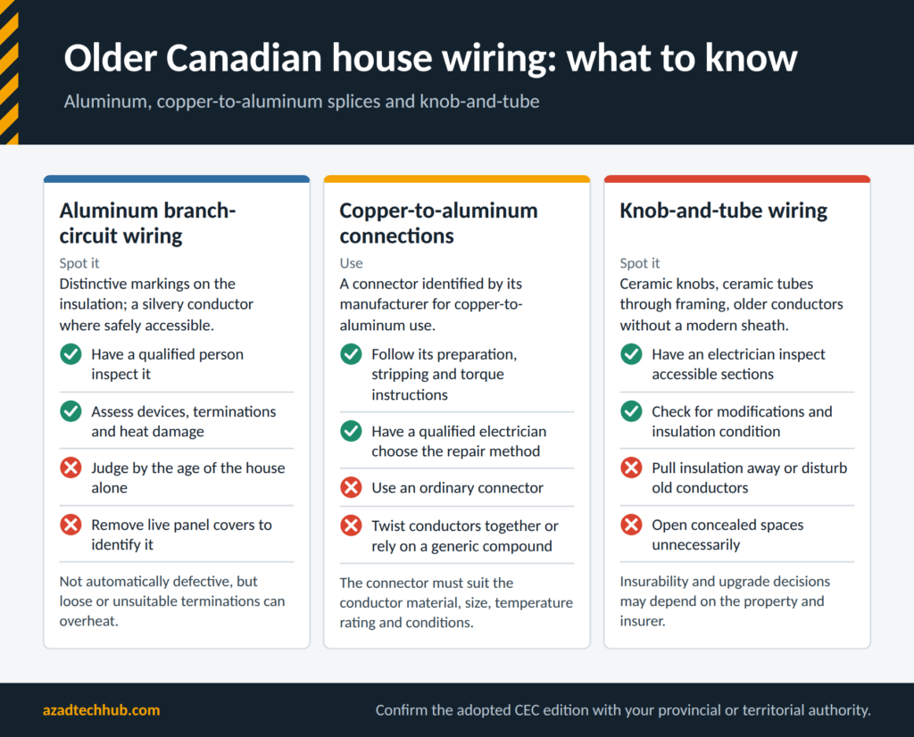 Home Wiring as per CEC / CSA C22.1: Complete Canadian Code Guide 10 How to recognize and handle aluminum wiring, copper-to-aluminum connections and knob-and-tube wiring in older Canadian houses