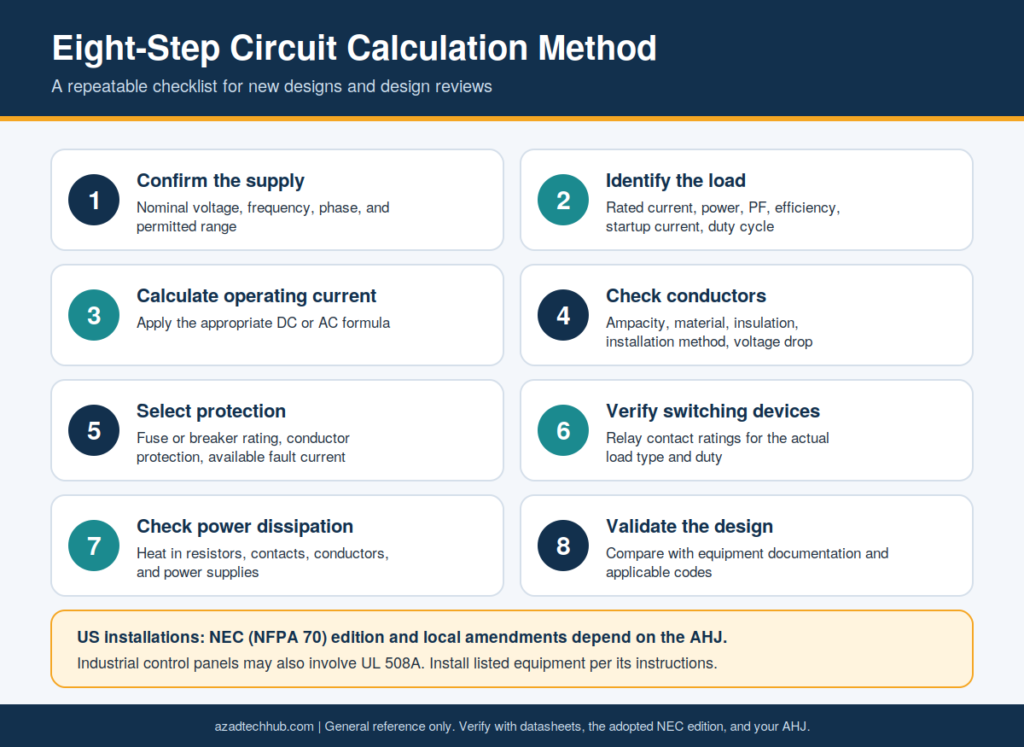 Eight-step checklist for circuit calculations, from confirming the supply to validating the design against codes.
