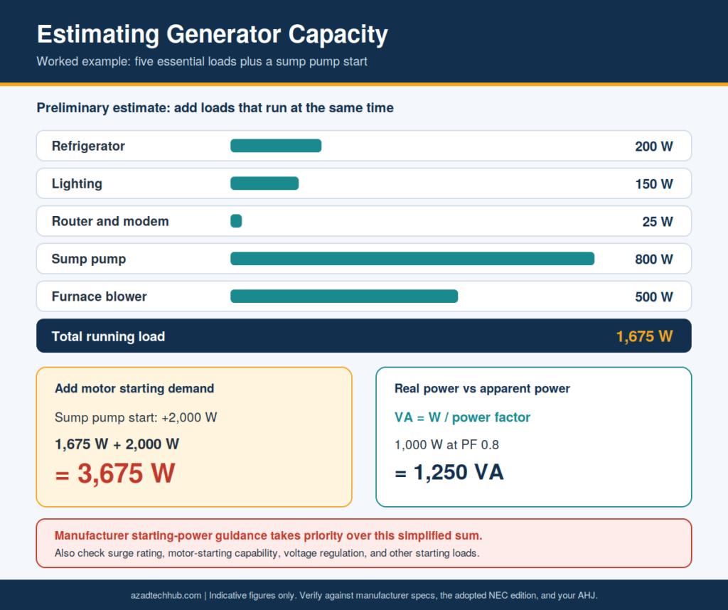 Home Backup Power Guide: Generators & Monitoring (USA) 2 Bar chart of five essential loads totaling 1,675 W, plus a 2,000 W sump pump start for a 3,675 W estimate, and the VA formula example.