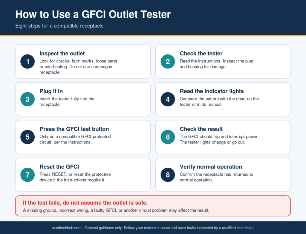 How to Use a GFCI Outlet Tester: Step-by-Step Guide 3 how to use a GFCI outlet tester: Eight-step guide to using a GFCI outlet tester, from inspecting the outlet to resetting the GFCI and verifying normal operation.