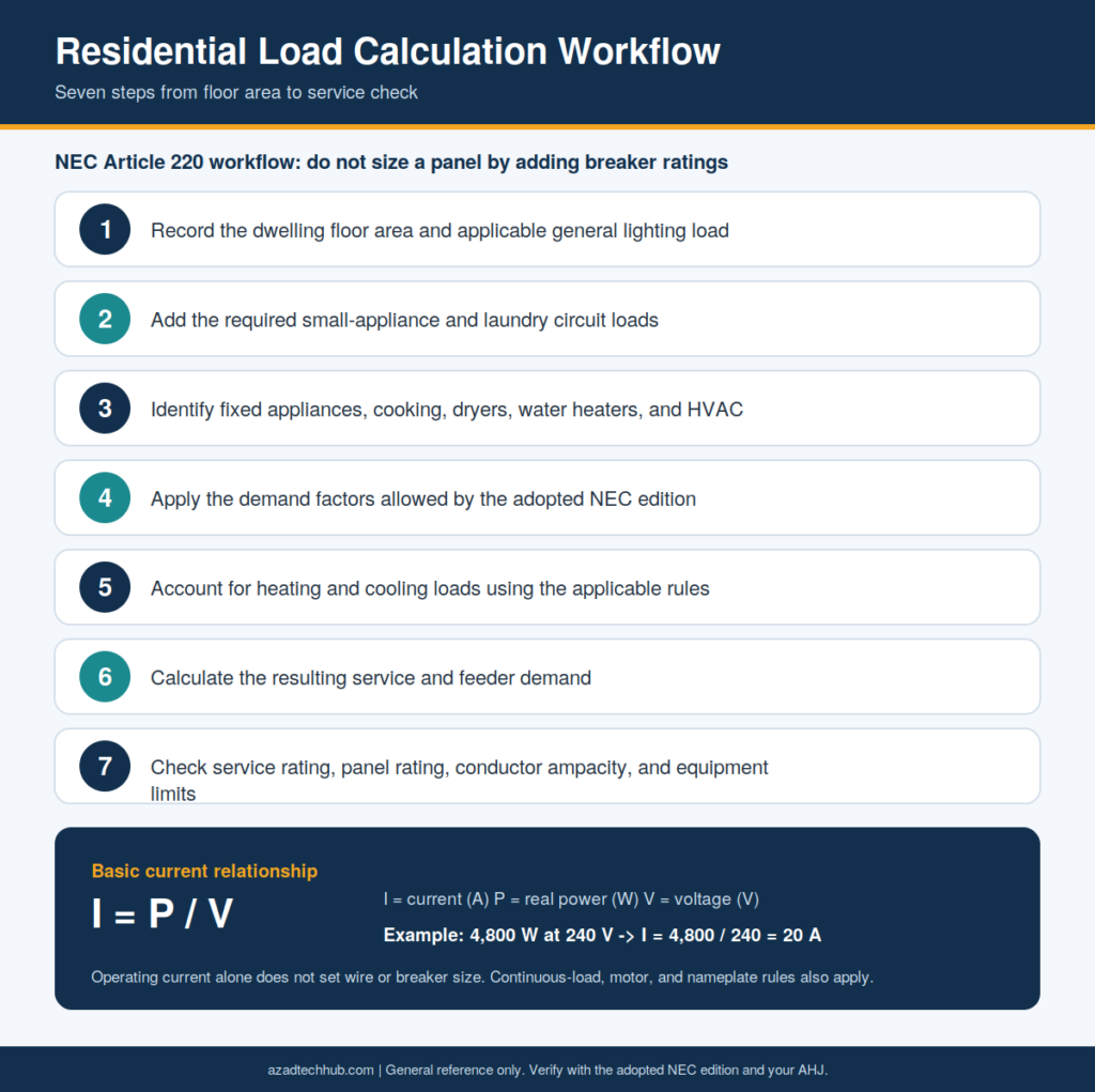 Home Electrical Wiring & NEC Code Guide (USA) 1 Seven-step NEC Article 220 workflow for calculating a home’s electrical load, with the formula I = P / V and a 4,800W at 240V example.