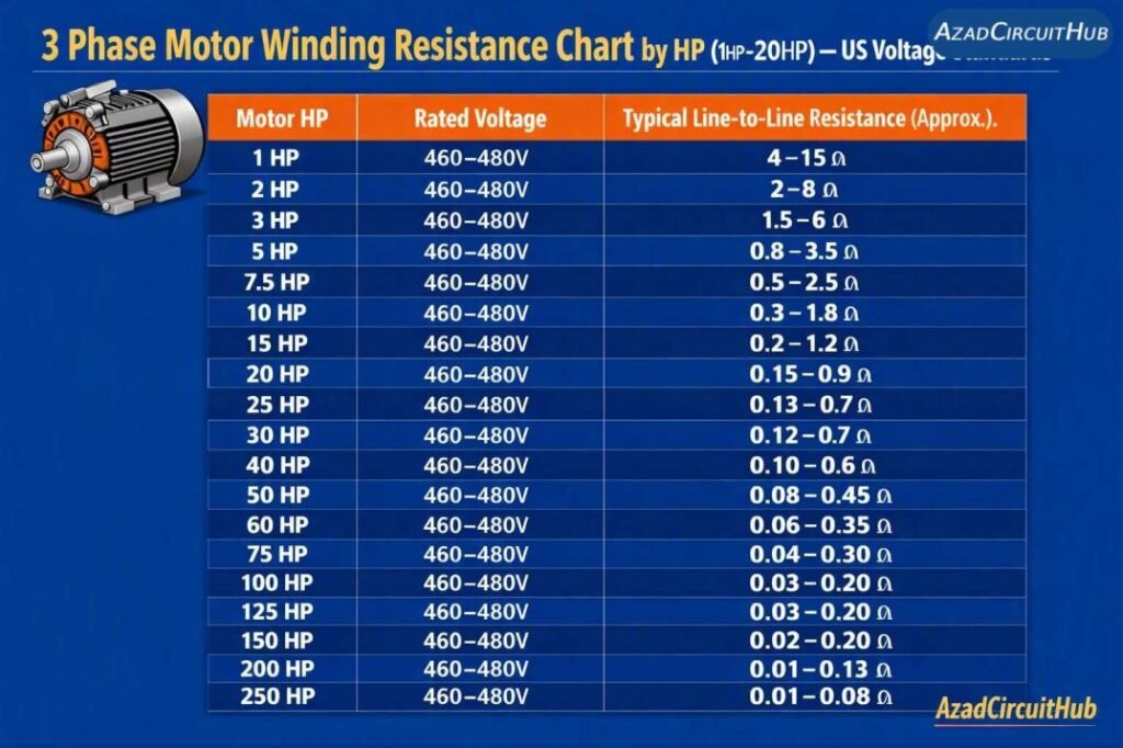 3 Phase Motor Winding Resistance Chart by HP (1HP–250HP) – US Voltage Standards