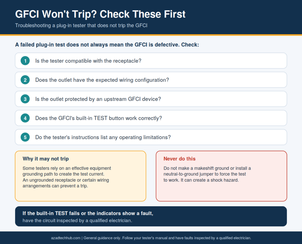 How to Use a GFCI Outlet Tester: Step-by-Step Guide 6 Checklist of five things to check when a plug-in tester does not trip a GFCI, with a warning never to use a neutral-to-ground jumper.