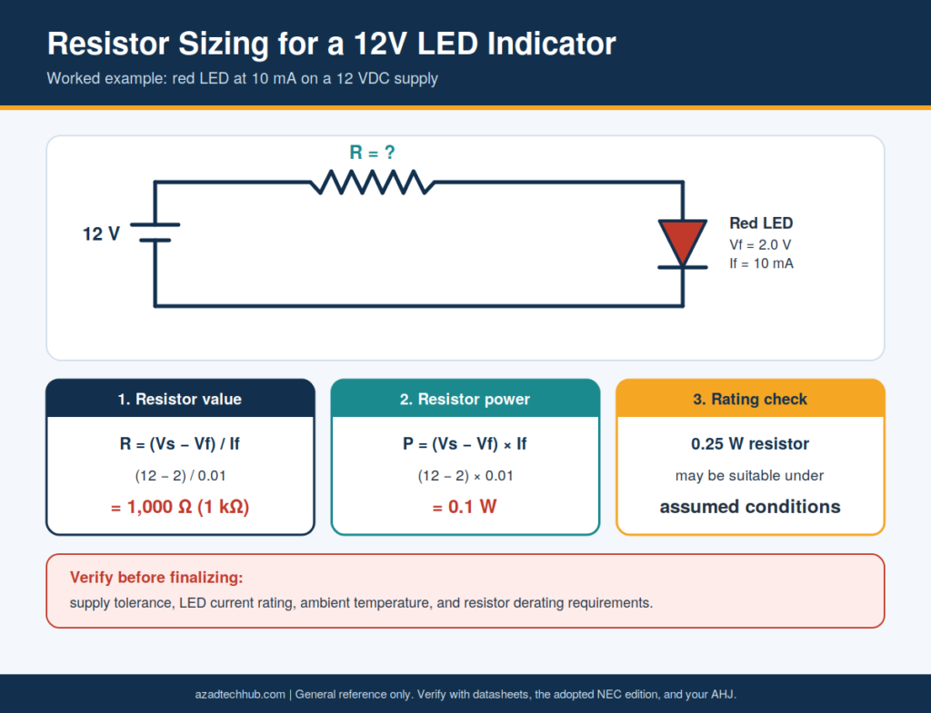 Circuit diagram of a 12 V supply, resistor, and red LED with the calculation giving a 1 kΩ, 0.1 W resistor.