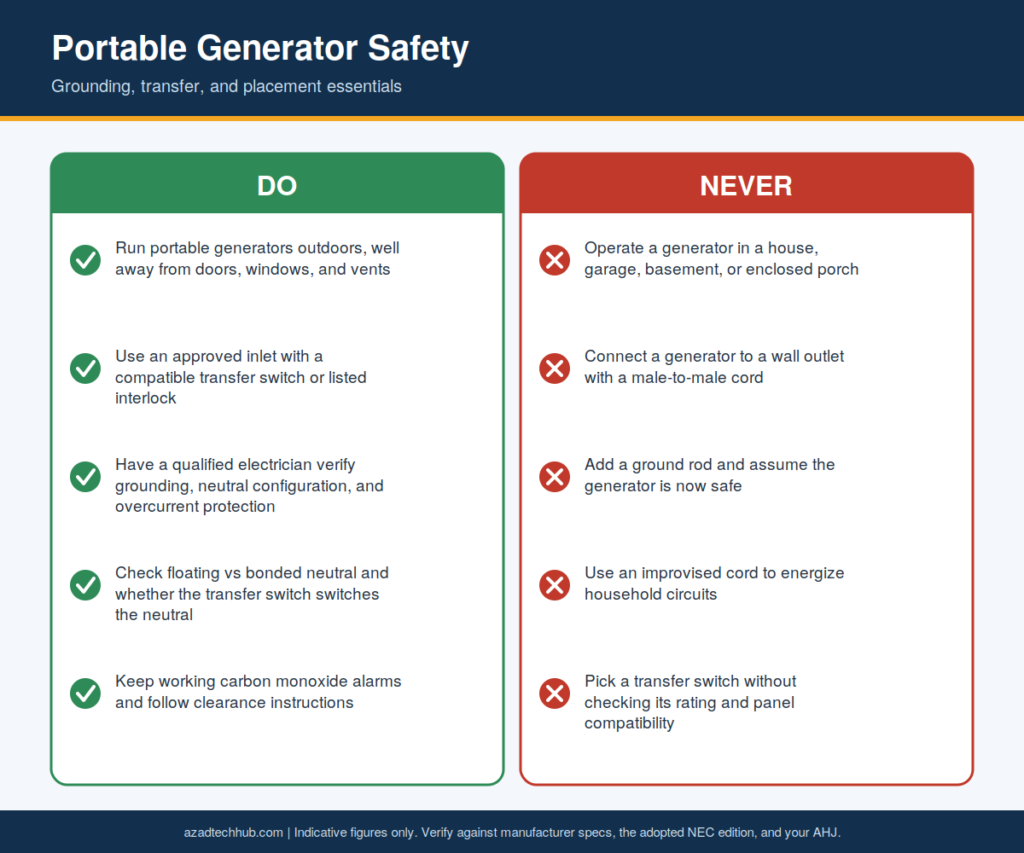 Home Backup Power Guide: Generators & Monitoring (USA) 3 Do and never lists for portable generators covering outdoor placement, transfer switches, grounding verification, and male-to-male cords.