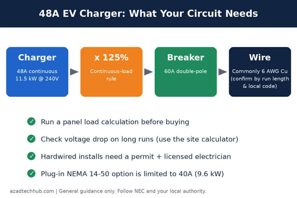 48A EV charger installation requirements showing 60A breaker, 125 percent continuous load rule and 6 AWG copper wire
