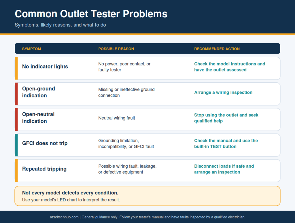 How to Use a GFCI Outlet Tester: Step-by-Step Guide 7 Table of five common outlet tester problems, including open ground, open neutral, GFCI not tripping, and repeated tripping, with reasons and actions.