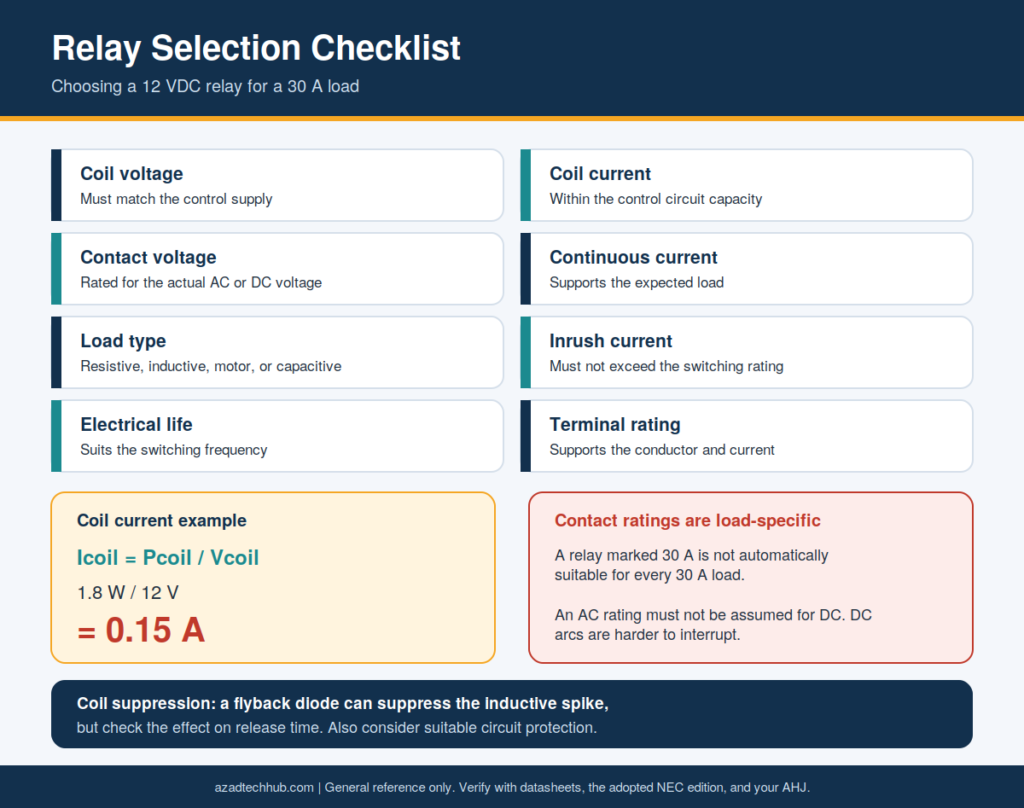 Checklist of eight relay selection checks plus a coil current example of 0.15 A and a warning that contact ratings are load-specific.