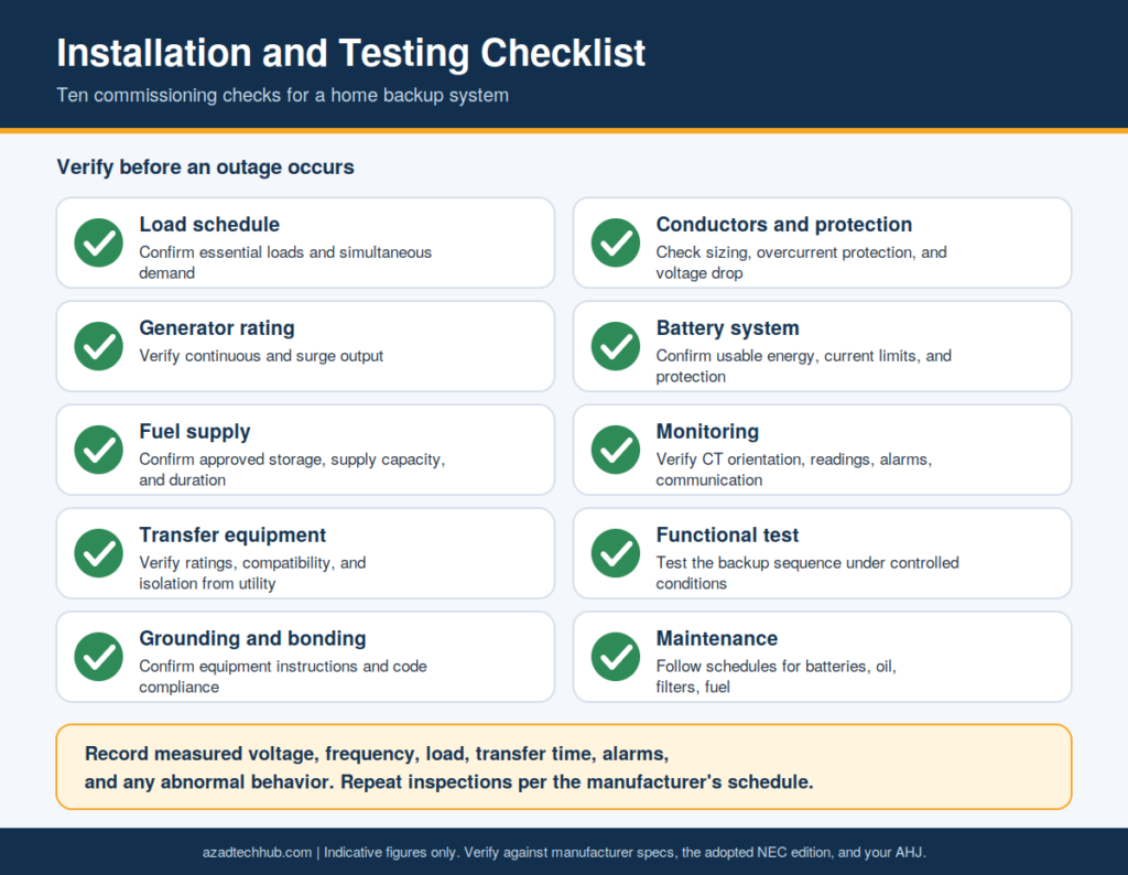 Home Backup Power Guide: Generators & Monitoring (USA) 6 Ten-point commissioning checklist for a home backup system covering load schedule, transfer equipment, grounding, batteries, monitoring, and maintenance.