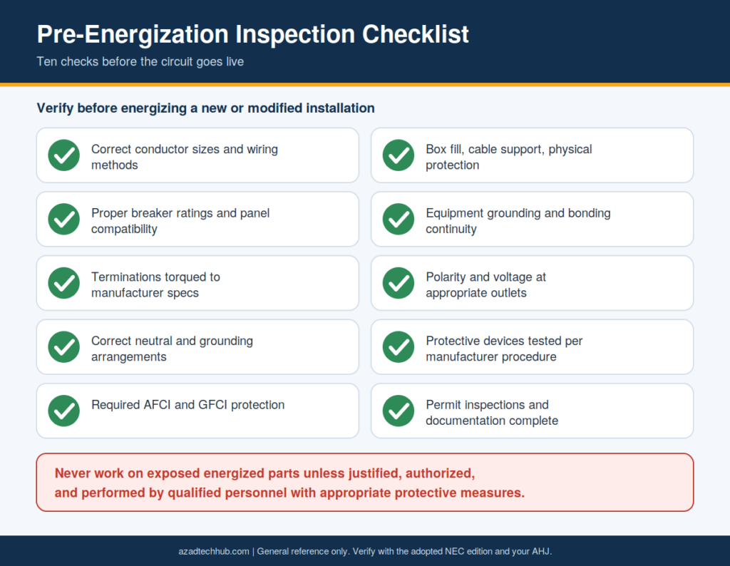 Home Electrical Wiring & NEC Code Guide (USA) 6 Ten-point checklist for inspecting a residential electrical installation before energizing, covering conductors, protection, grounding, and permits.