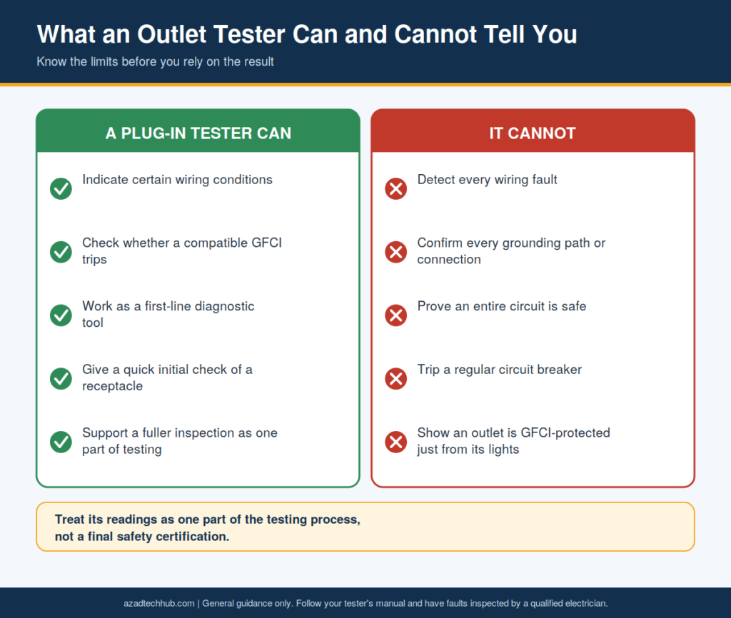 How to Use a GFCI Outlet Tester: Step-by-Step Guide 8 Two-column comparison of what a plug-in outlet tester can do and what it cannot do, such as proving a circuit is safe.