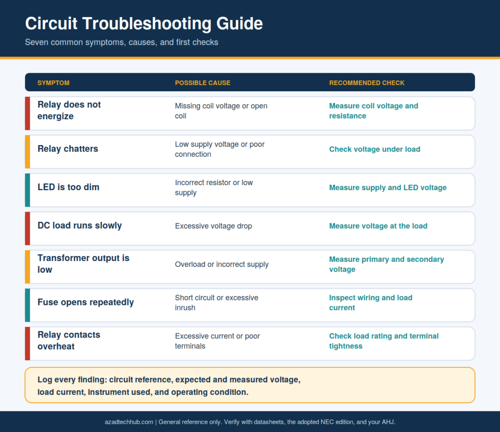 Table of seven common circuit faults with their likely causes and first checks, such as relay chatter, dim LEDs, and repeated fuse failures.