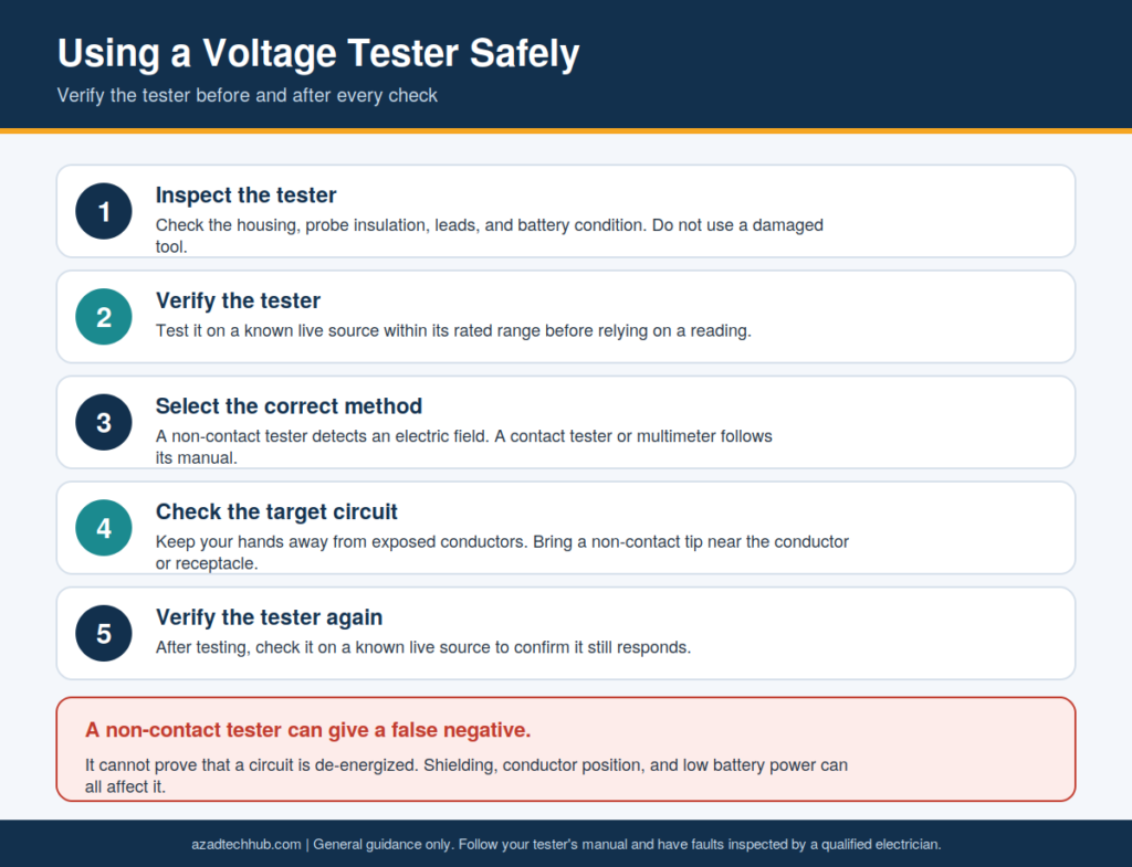 How to Use a GFCI Outlet Tester: Step-by-Step Guide 4 Five-step safe procedure for using a voltage tester, including verifying it on a known live source before and after, with a false-negative warning.