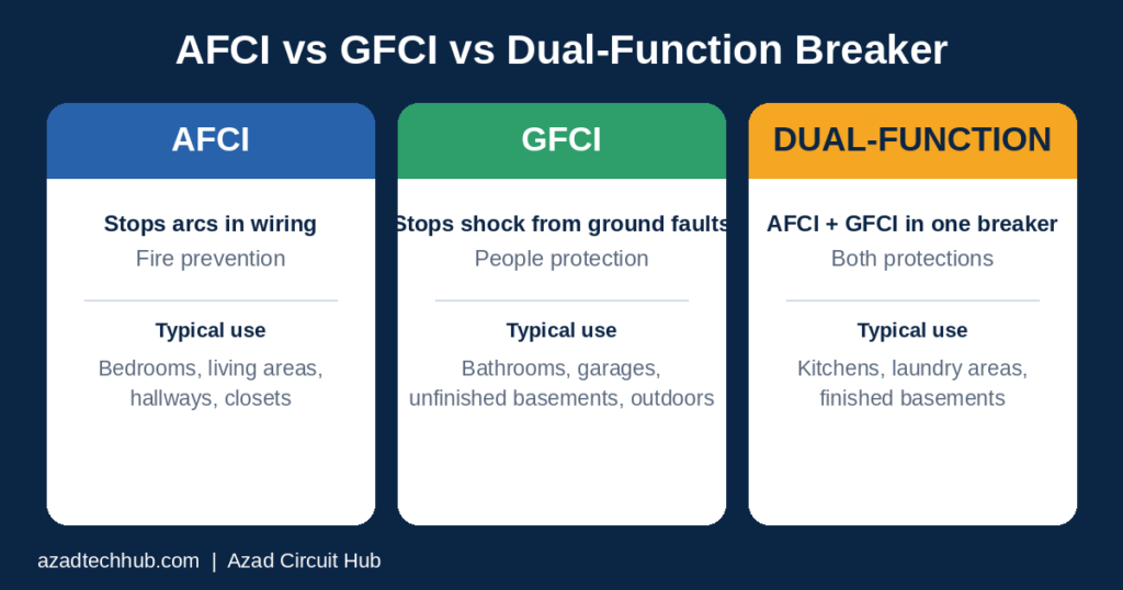 NEC Code for Arc Fault Breakers: Which Circuits Need AFCI Protection (2017–2026) 4 AFCI vs GFCI vs dual-function breaker comparison under the NEC code for arc fault breakers