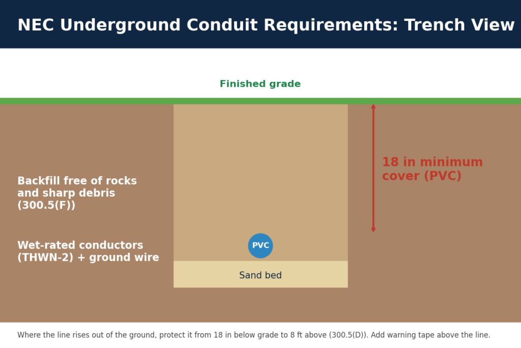 NEC Code for Buried Electrical Wires: Depth Chart & Rules (2026) 6 NEC underground conduit requirements trench cross-section diagram