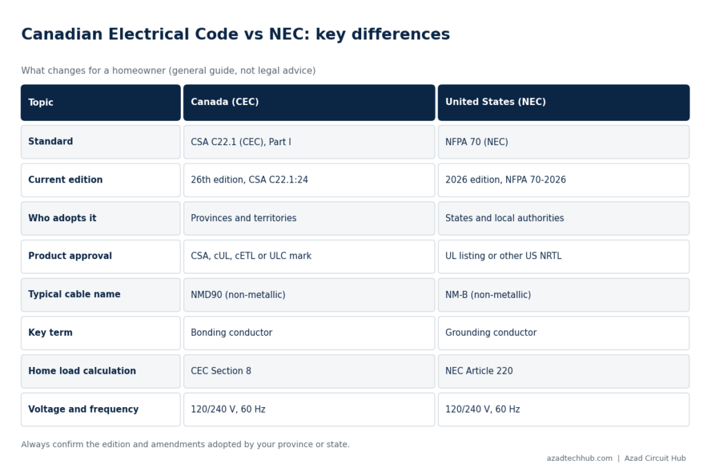 Canadian Electrical Code vs NEC Differences for Homeowners 2 canadian electrical code vs nec differences for homeowners comparison chart of publisher, enforcement, product marks and terminology