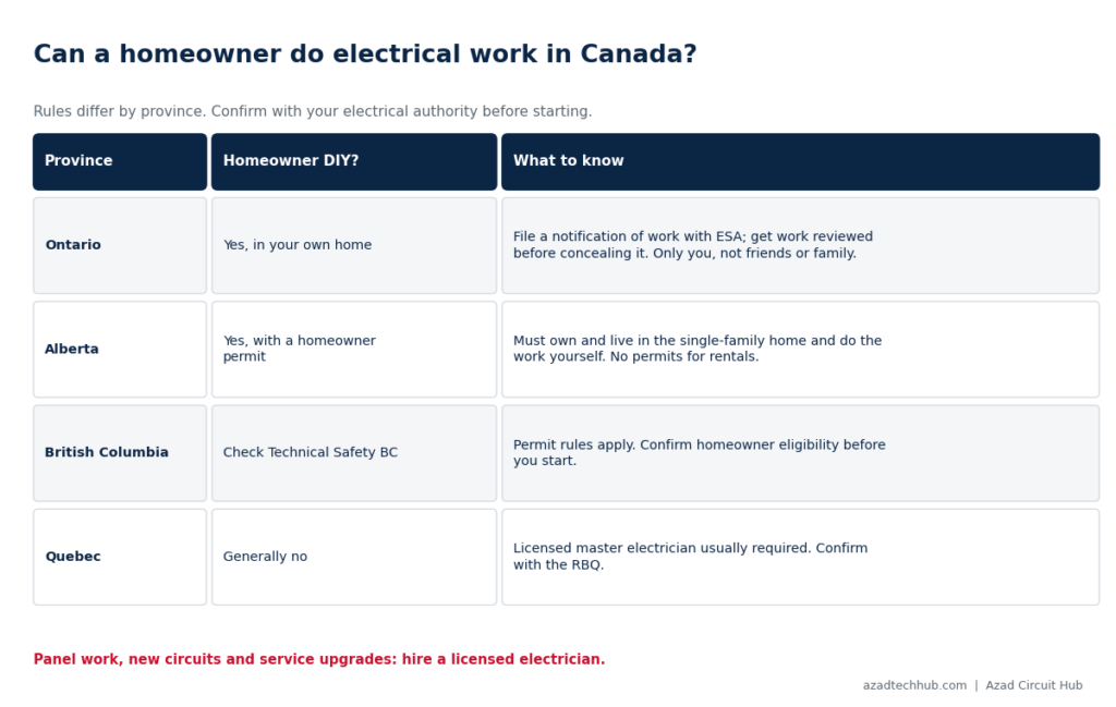 Canadian Electrical Code vs NEC Differences for Homeowners 5 canadian electrical code vs nec differences for homeowners, can a homeowner do electrical work in Ontario, Alberta, BC and Quebec