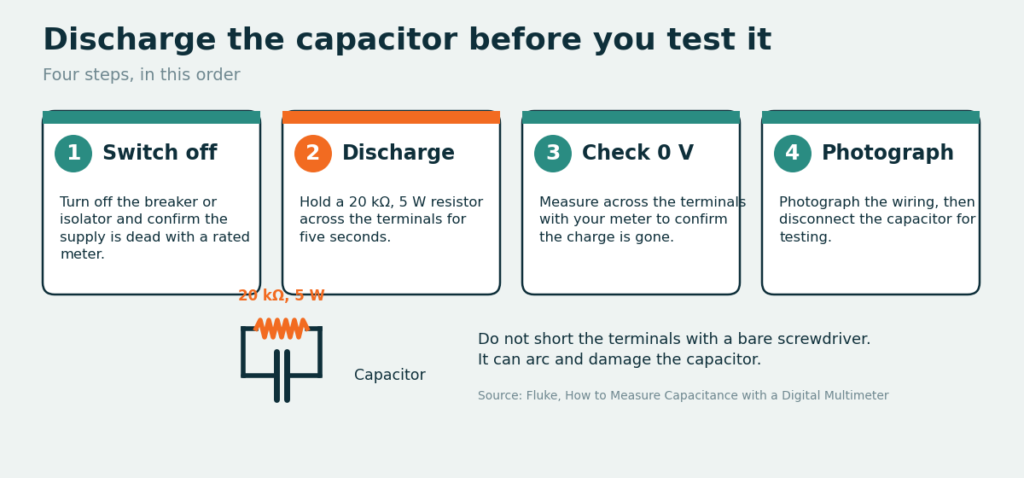 discharge a capacitor safely before testing