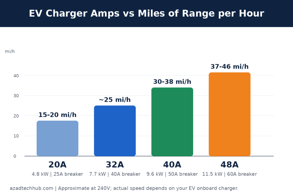 Eviqo Hardwired vs Plug In Which Is Better? 40A vs 48A Explained 5 Bar chart of EV charger amps vs miles of range per hour for 20A, 32A, 40A and 48A Level 2 chargers
