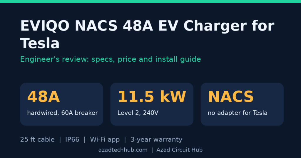 EVIQO NACS 48A EV charger for Tesla review graphic showing 48A, 11.5 kW and native NACS connector