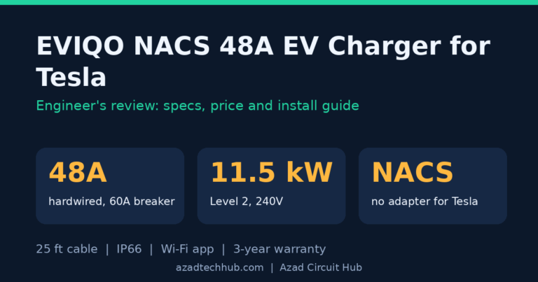EVIQO NACS 48A EV Charger for Tesla: Engineer's Review, Price & Install Guide 1 EVIQO NACS 48A EV charger for Tesla review graphic showing 48A, 11.5 kW and native NACS connector
