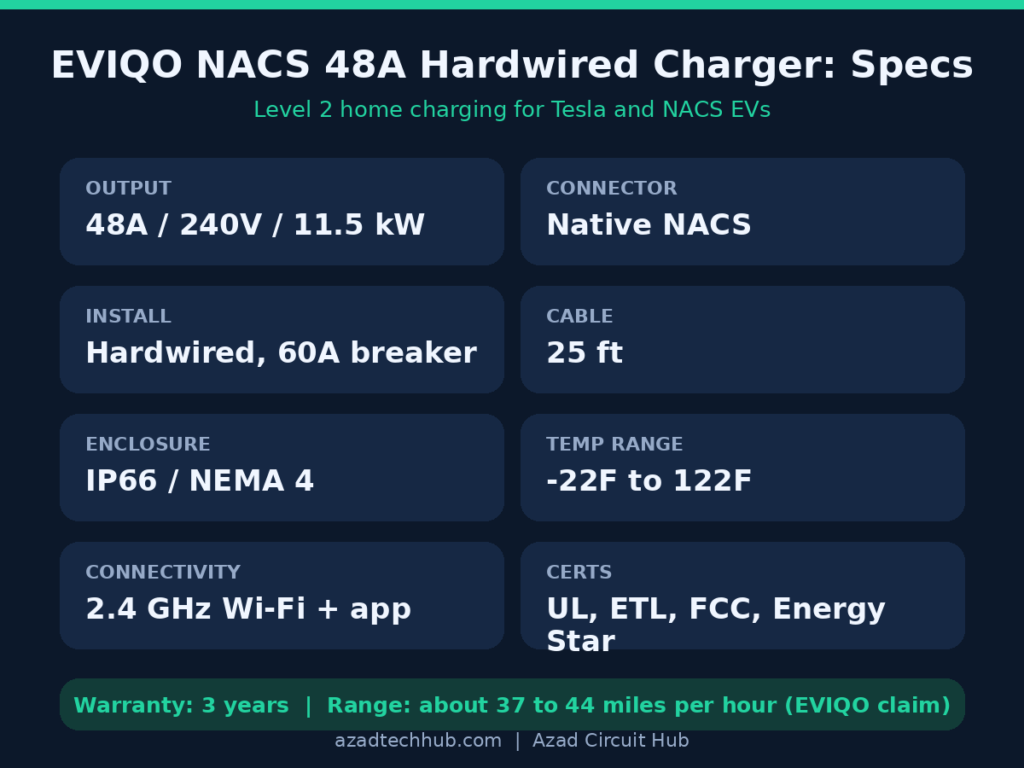 EVIQO NACS 48A hardwired Level 2 charger specs: 240V, 11.5 kW, 25 ft cable, IP66, 3-year warranty