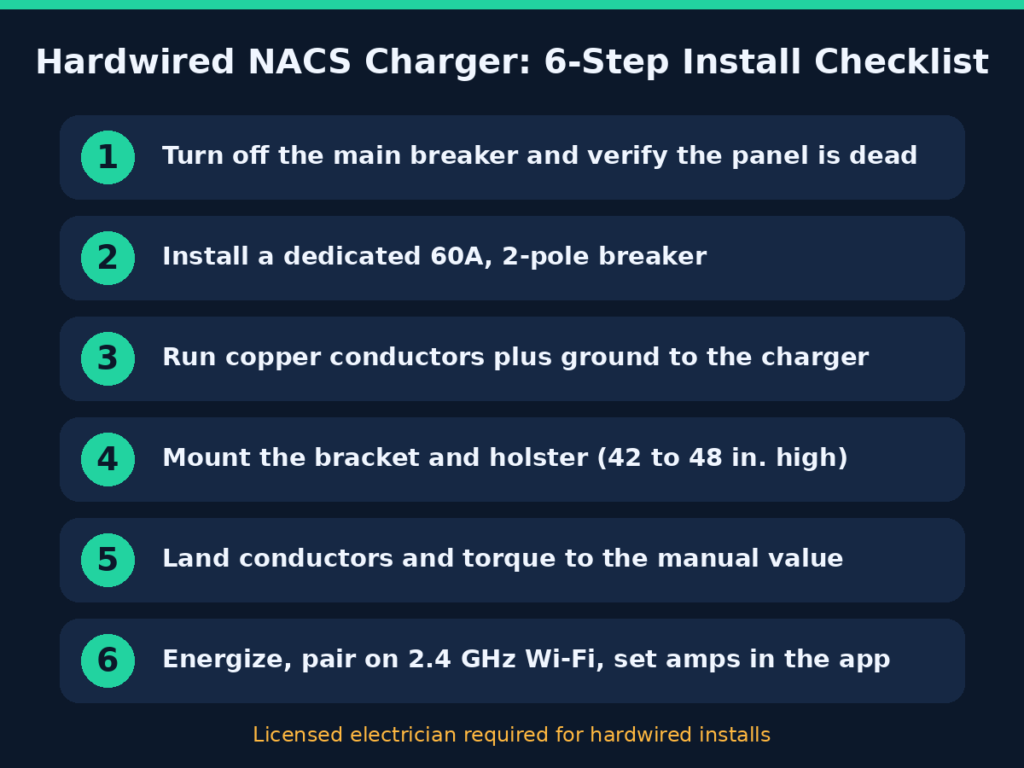 Six-step installation checklist for a hardwired 48A NACS EV charger