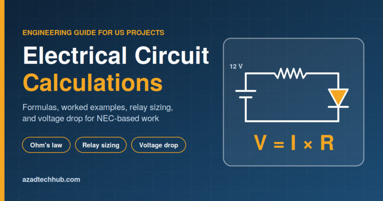 Illustration of a simple circuit with a battery, resistor, and LED beside the formula V = I × R, titled “Electrical Circuit Calculations”.