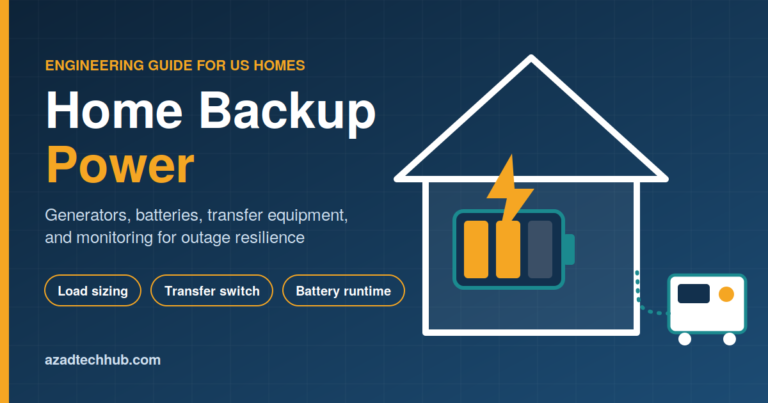 Illustration of a house with a battery and lightning bolt and a portable generator outside, titled “Home Backup Power: engineering guide for US homes”.