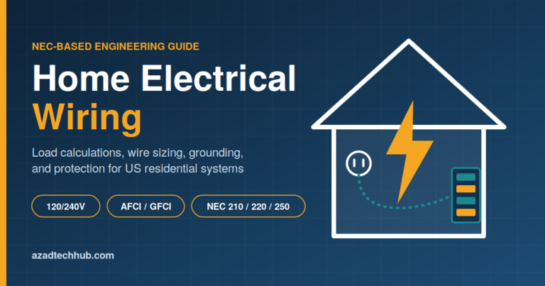 Illustration of a house with a lightning bolt, an electrical outlet and a breaker panel, titled “Home Electrical Wiring: NEC-based engineering guide