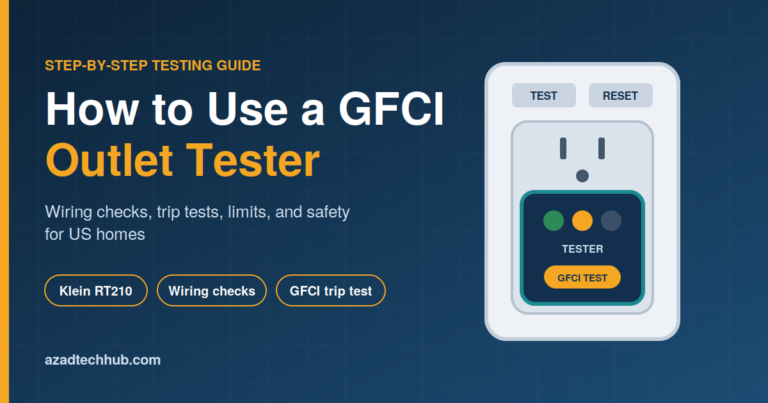 how to use a GFCI outlet tester: Illustration of a wall outlet with a plug-in GFCI tester showing indicator lights and a test button, titled “How to Use a GFCI Outlet Tester”.