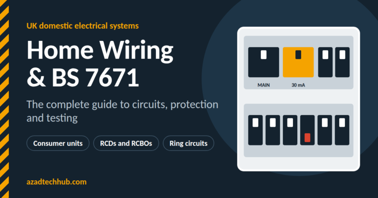 The Complete Guide to Home Wiring & BS 7671 (UK) 1 Consumer unit illustration with a tripped breaker for the complete UK guide to home wiring and BS 7671
