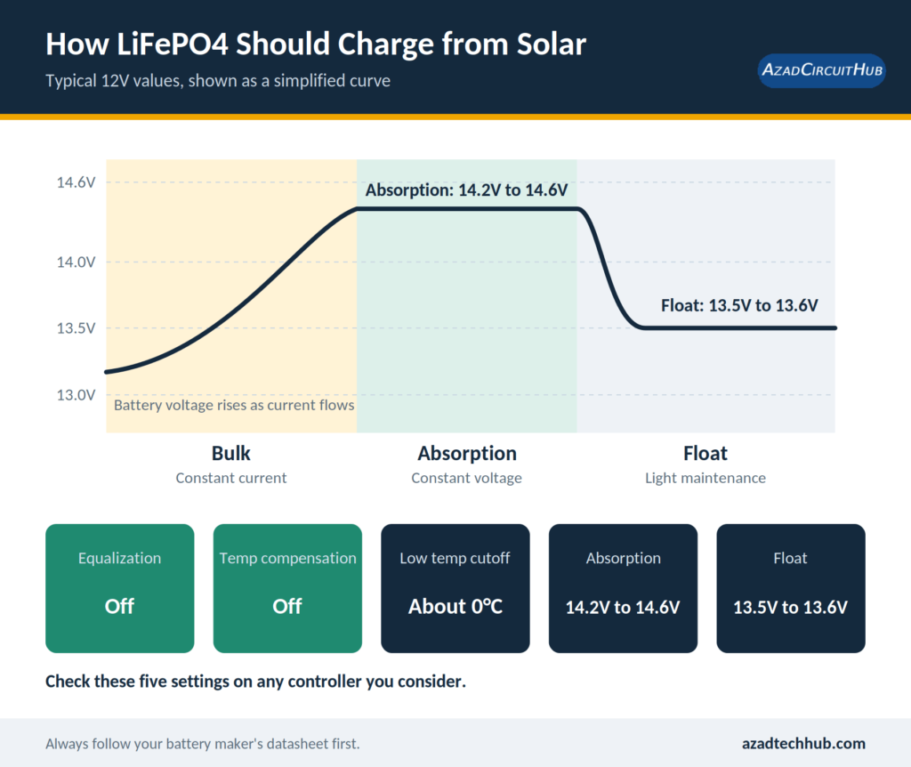 Best Solar Charge Controller for LiFePO4 Batteries: Top 7 Picks 5 LiFePO4 solar charging profile with bulk, absorption and float voltages