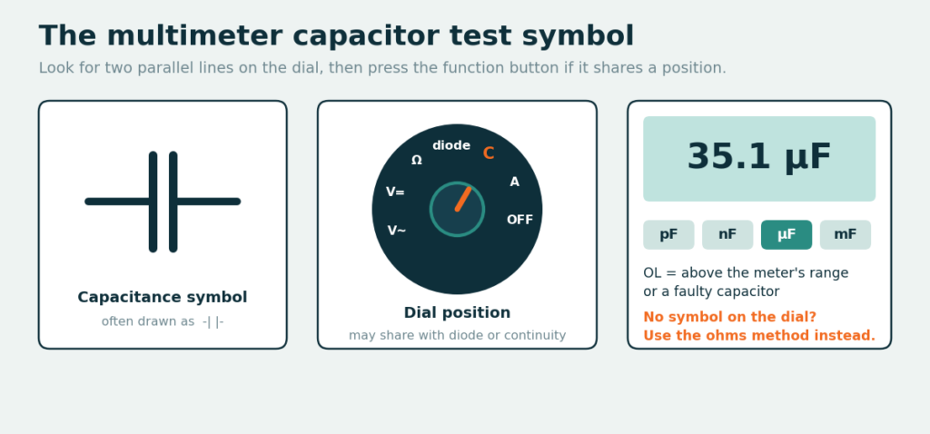 multimeter capacitor test symbol