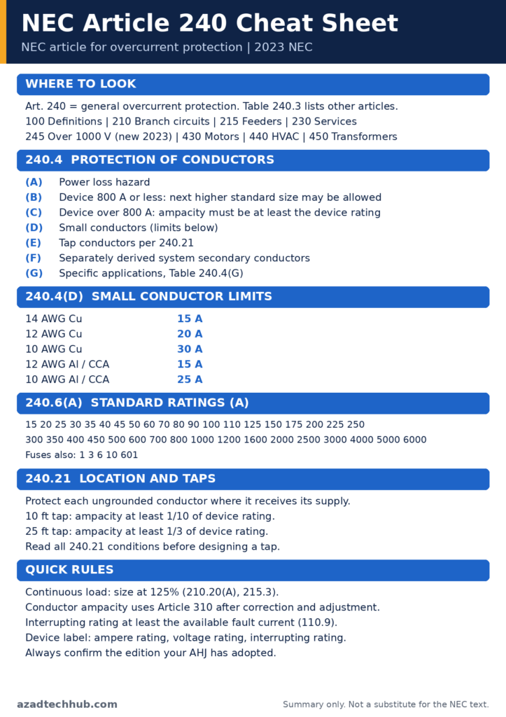 NEC Article 240 cheat sheet for the NEC article for overcurrent protection