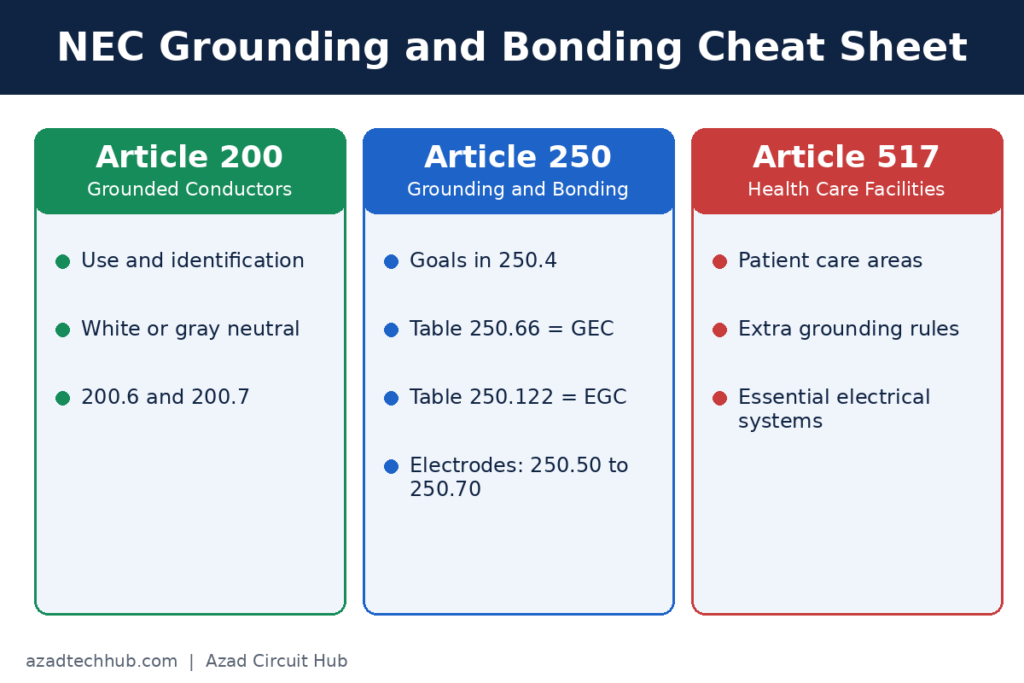 NEC article for grounding and bonding cheat sheet for Articles 200, 250 and 517