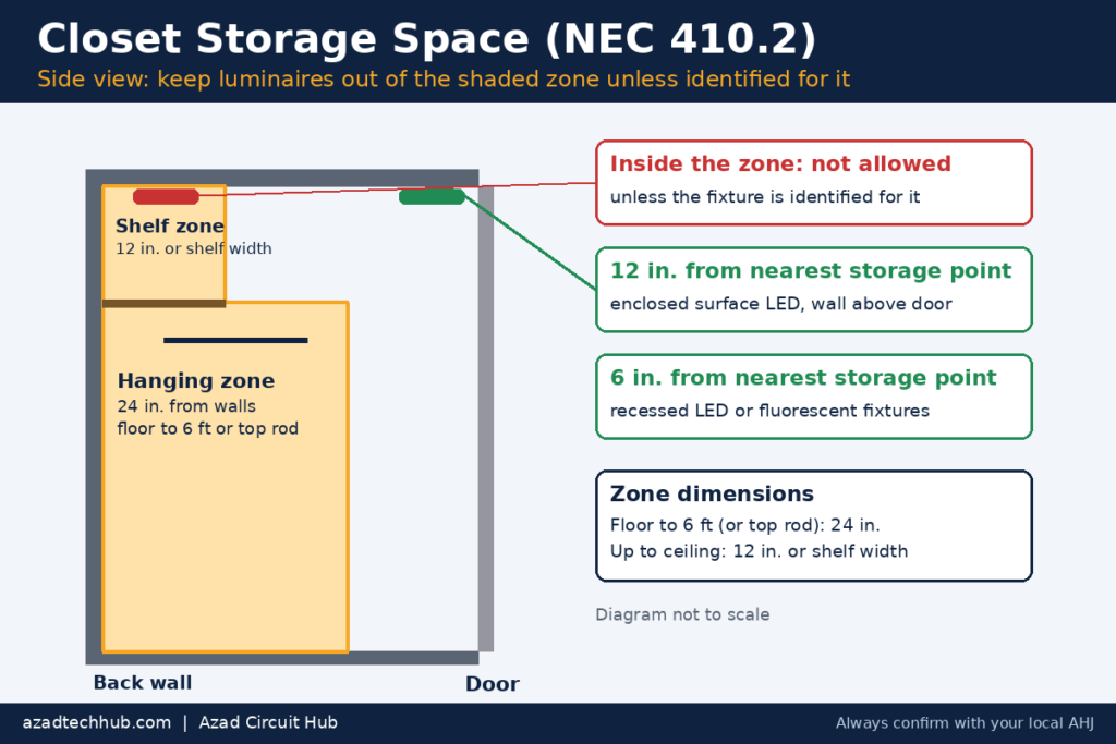 Closet storage space diagram for the NEC code for closet lights