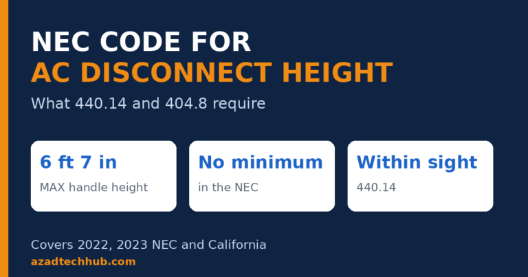 NEC code for AC disconnect height infographic: 6 ft 7 in maximum handle height