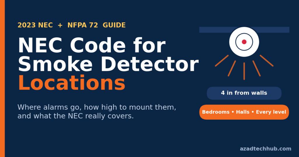 NEC Code for Smoke Detector Locations: What the 2023 NEC and NFPA 72 Require 1 NEC code for smoke detector locations: ceiling, hallway and bedroom alarm placement guide