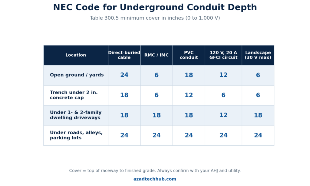 NEC code for underground conduit depth chart showing Table 300.5 minimum cover in inches