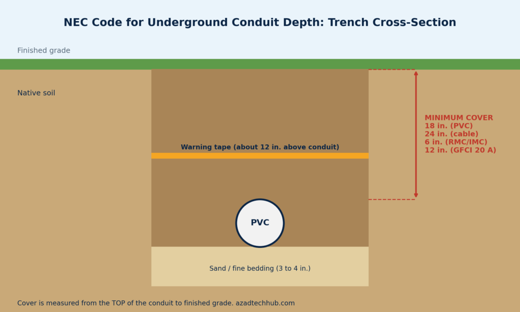 Cross-section of a trench showing the NEC code for underground conduit depth, cover, bedding and warning tape