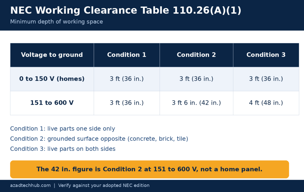 NEC working clearance table 110.26(A)(1) by voltage and condition