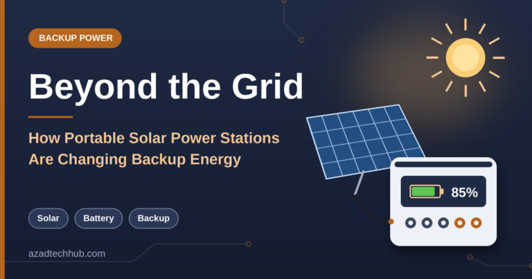 Portable solar power station connected to a solar panel for backup energy