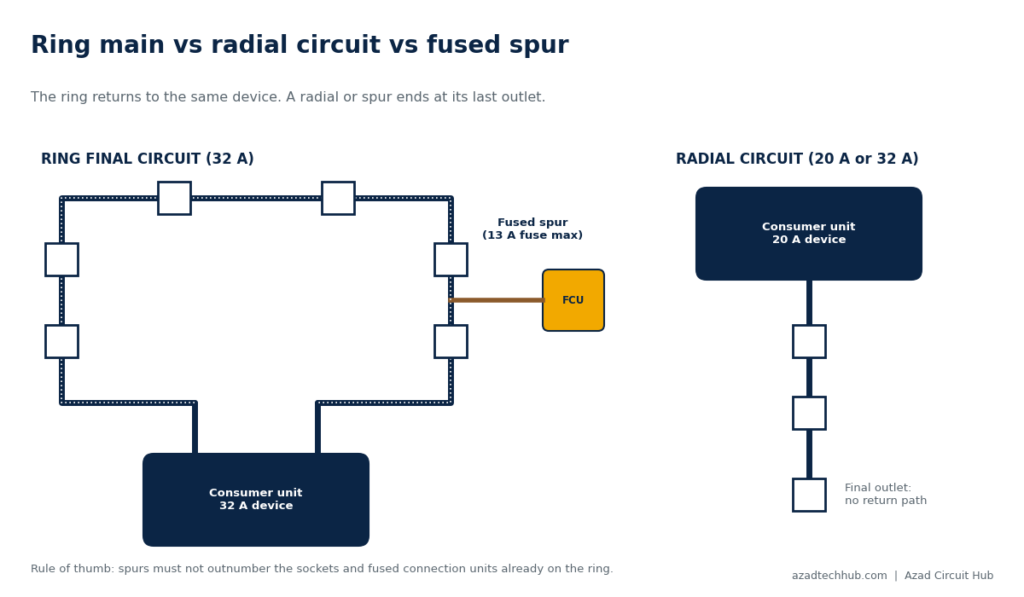How to Test a Ring Main Circuit Continuity: 3-Step Guide 1 ring main circuit and radial circuit compared, with a fused spur, for how to test a ring main circuit continuity