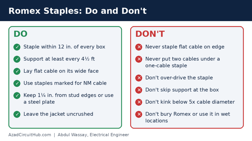 Correct and incorrect ways to staple Romex NM cable